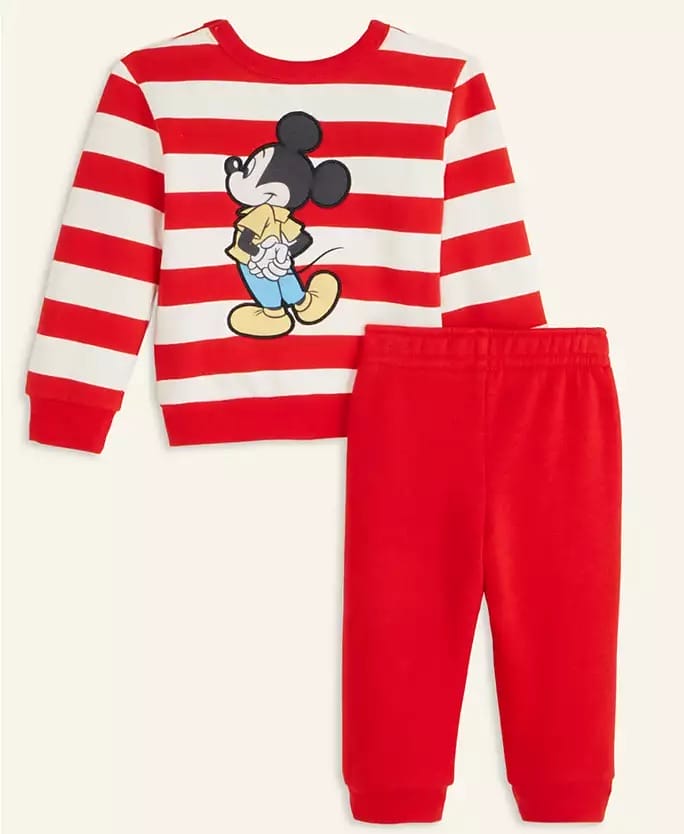 Red and white striped Mickey Mouse sweatshirt from the Disney 2025 Holiday line, with kids’ red sweatpants; park style flair.