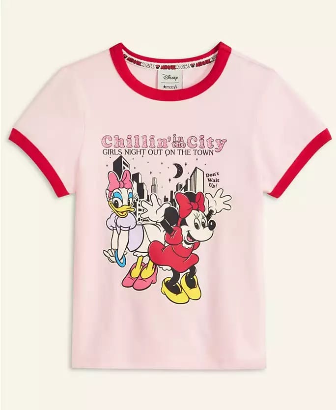 Pink kids' T-shirt with red trim, featuring Minnie Mouse and Daisy Duck, Macy's Holiday Collection—Disney Parks-inspired design.