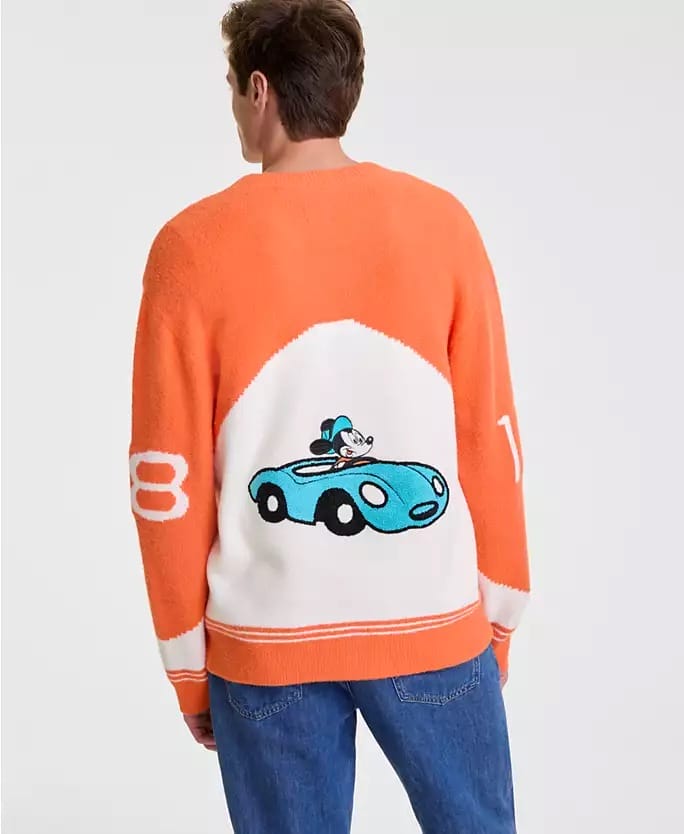 A person, seen from behind, wears an orange Disney sweater with a cartoon mouse in a blue car—classic park attire, no castle shown.