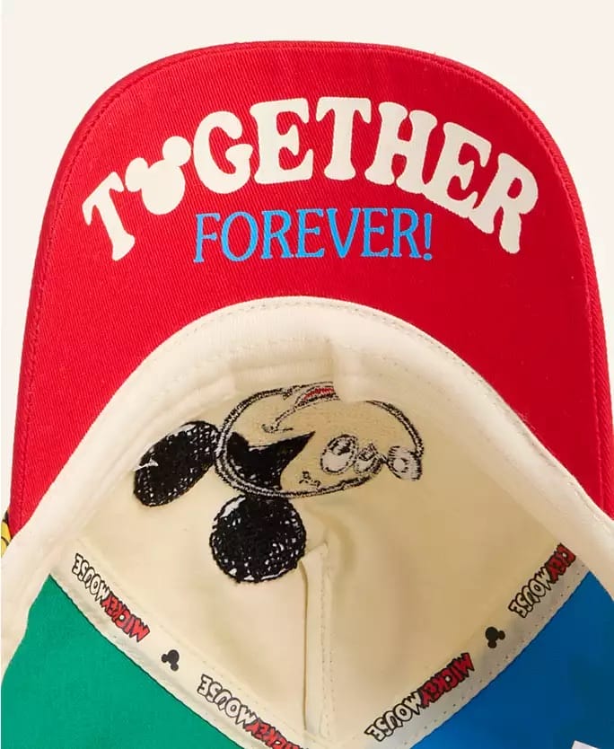 Red Disney Holiday Collection hat brim with "TOGETHER FOREVER!" and Mickey Mouse face, reminiscent of park merchandise.