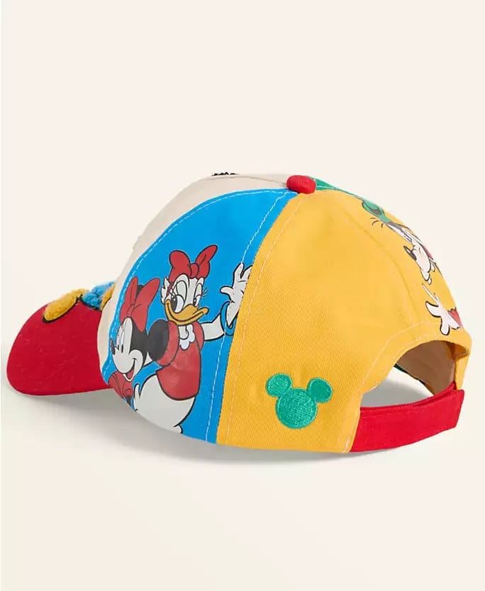 Vibrant Disney cap from Macy’s Holiday Collection featuring Minnie, Daisy, a red brim, and green Mickey icon—no castle included.