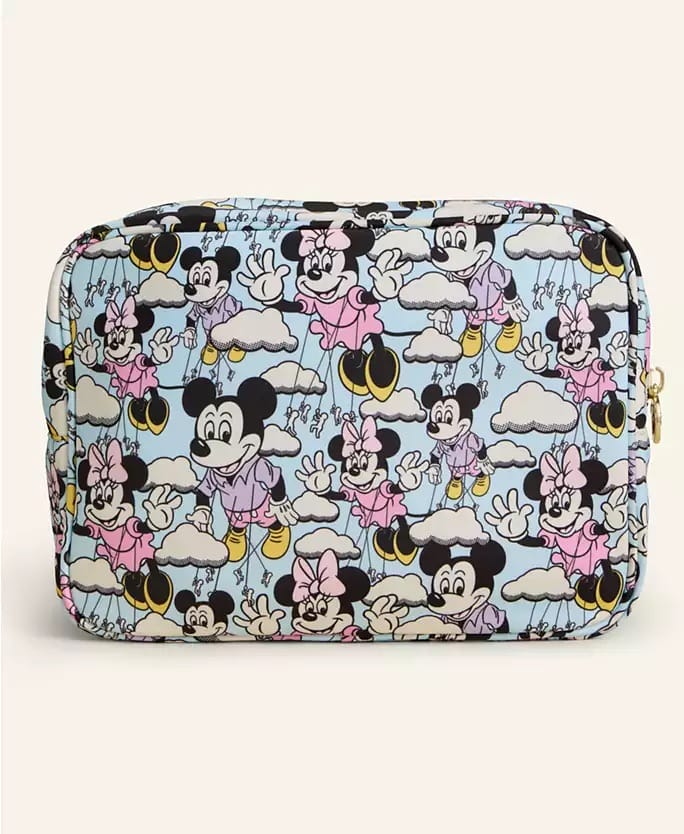 Rectangular Disney Holiday pouch with Mickey and Minnie in clouds on a light blue background, reminiscent of park merchandise.