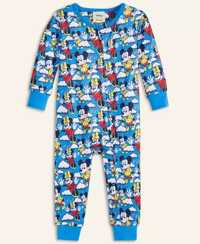Blue baby onesie from Disney Holiday Collection featuring park-inspired cartoon characters, clouds, and stars, available at Macy's.