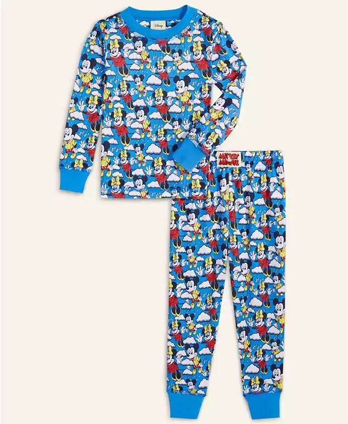 Children’s blue pajamas feature Disney characters, reminiscent of park merchandise, from the 2025 Holiday Collection at Macy’s.
