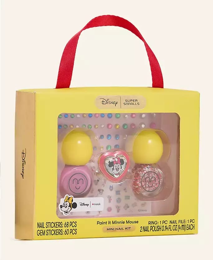 Disney Minnie Mouse nail kit from the 2025 Holiday Collection in yellow packaging—features stickers, polishes, ring; no castle present.