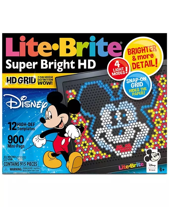Lite-Brite Super Bright HD Disney Holiday box, 900 mini-pegs, Mickey Mouse design, "Brighter & more detail!" No castle shown.