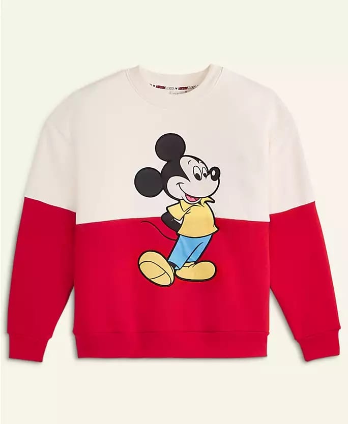 Sweatshirt with red sleeves, white body, and big Mickey graphic from the 2025 Disney Parks Holiday Collection. No castle shown.