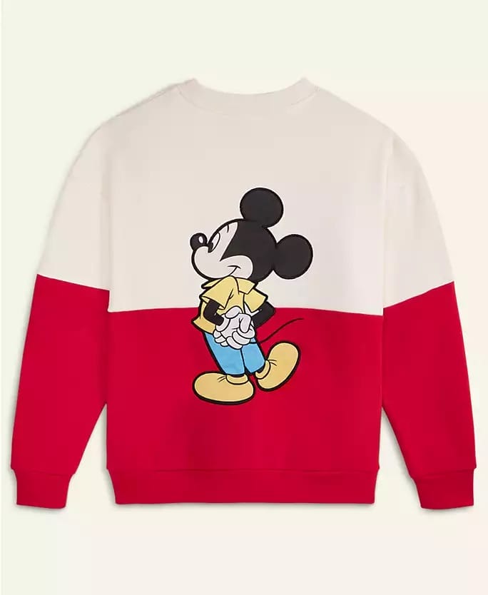 Colorblock sweatshirt from Macy’s Holiday Collection with a cartoon mouse in a yellow jacket and blue pants, Disney Parks style.