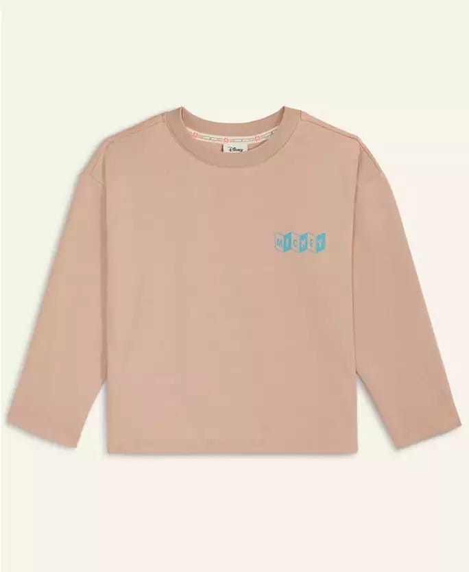 Light pink long-sleeve shirt with a blue "Mickey" logo from the Disney 2025 Holiday Collection, perfect for park days.