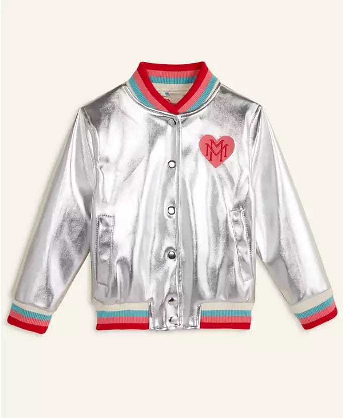 Shiny silver kids’ jacket with red, teal, and cream trim, plus a red heart logo—Mickey-themed style like Disneyland merch.