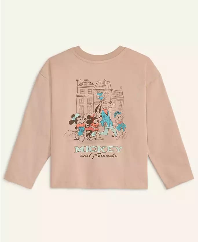Light brown Disney Holiday Collection long-sleeve shirt featuring Mickey Mouse and friends on the back, park-style festive flair.