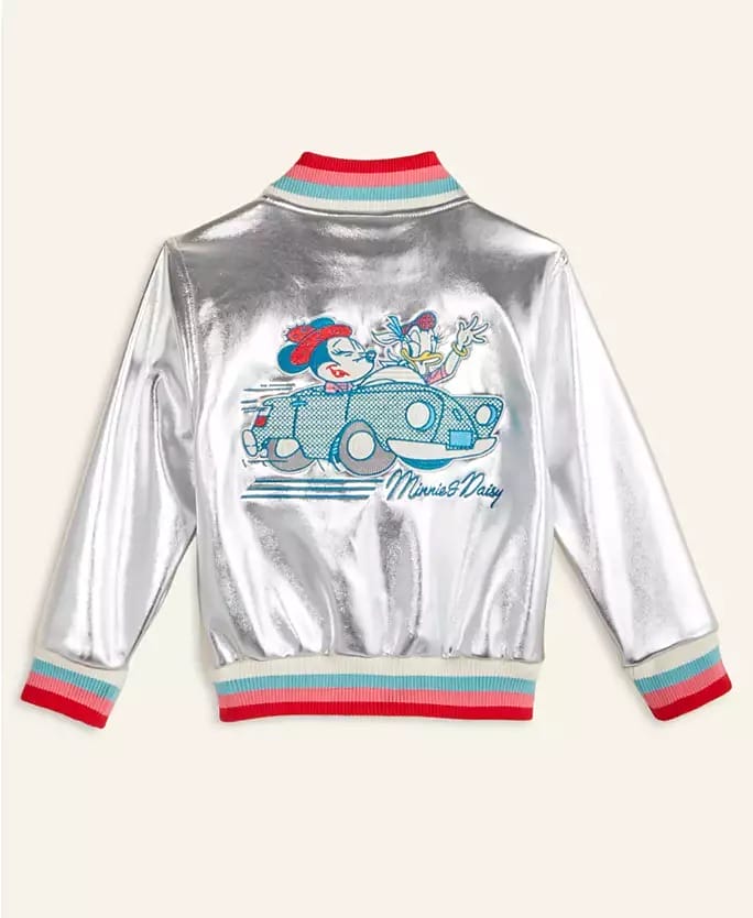 Shiny silver Disney Holiday Collection jacket featuring Minnie and Daisy driving, with red and teal trim on cuffs, collar, and hem.