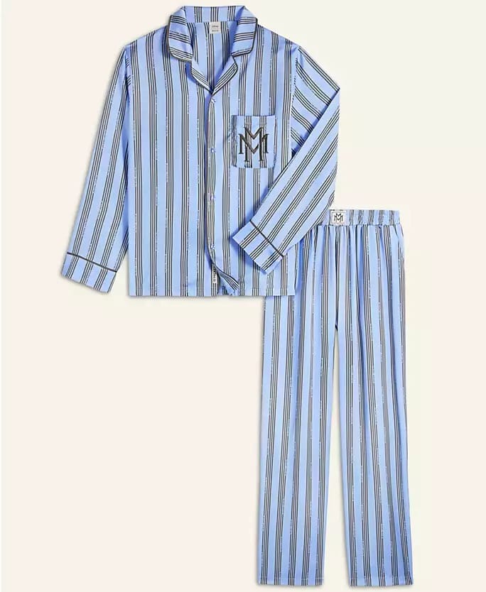 Blue and white striped pajama set from Macy's 2025 Holiday Collection, "M" monogram on chest pocket, not Disney castle themed.