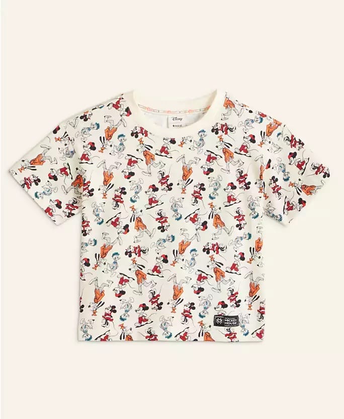 White t-shirt from Disney 2025 Holiday Collection with classic cartoon characters, similar to styles found at Disney parks.