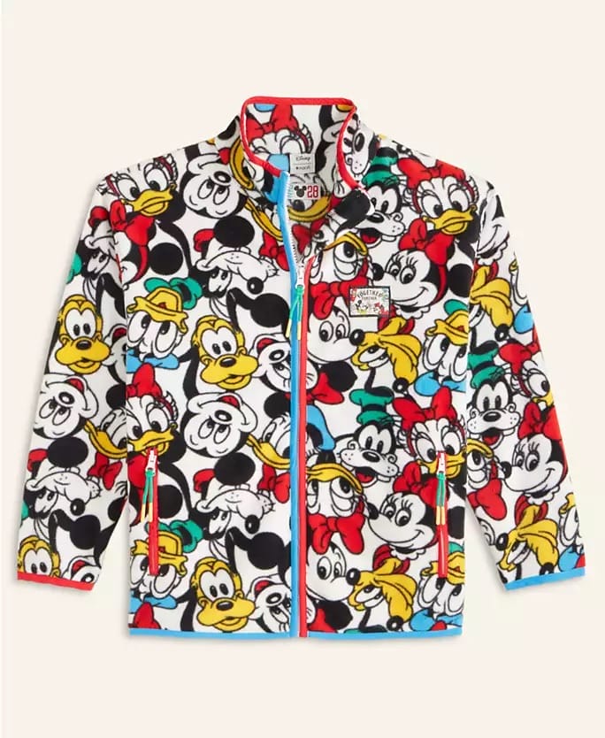Colorful zip-up jacket from the Disney 2025 Holiday Collection, featuring Mickey and friends, as seen in Disney Parks worldwide.
