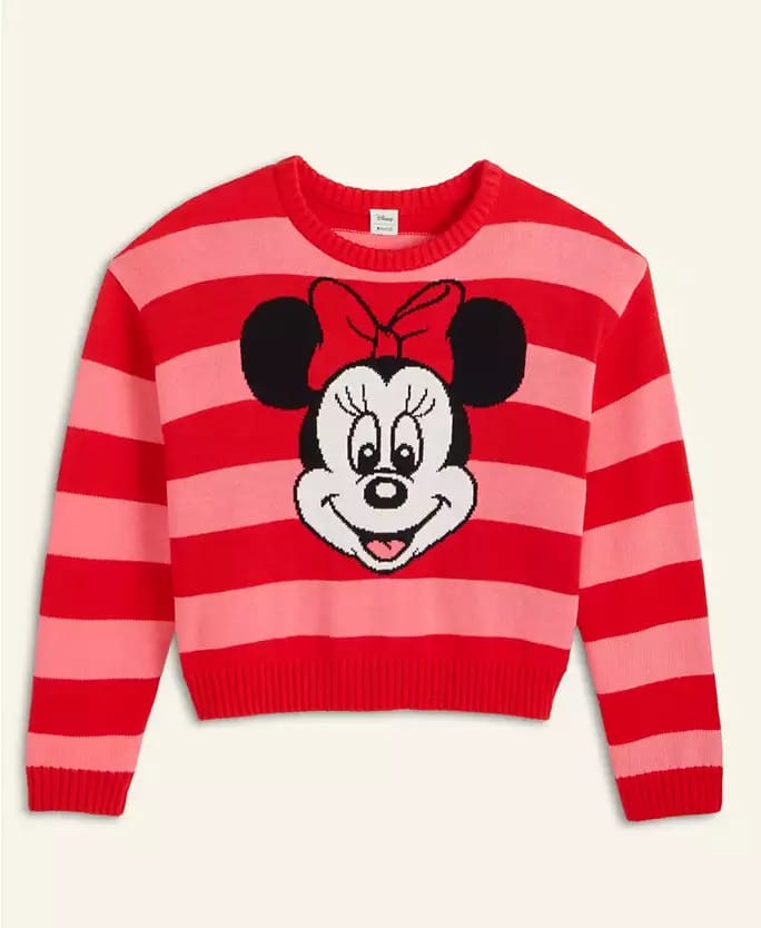 Red and pink striped sweater featuring a cartoon mouse face with a red bow, from the Disney Holiday Collection, like seen at Disney parks.