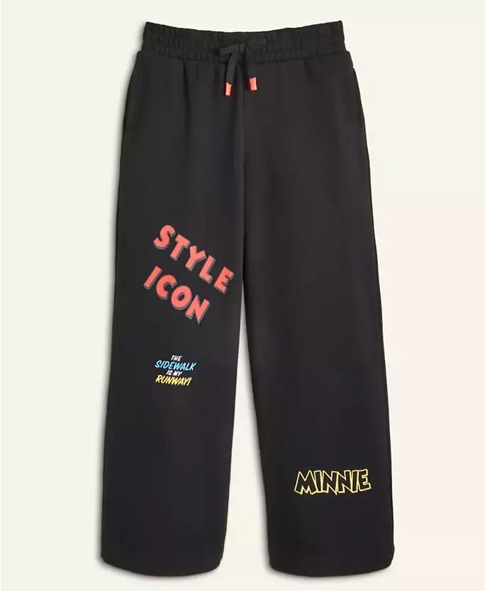 Black Disney sweatpants featuring "STYLE ICON" and "MINNIE"—a Holiday Collection piece like styles seen at Disney Parks worldwide.