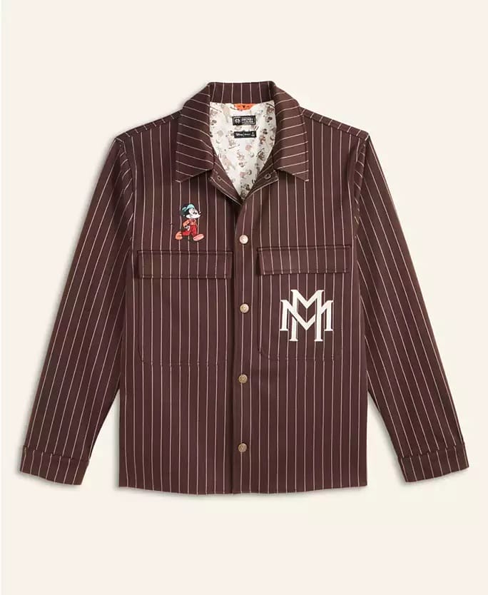 Brown pinstripe jacket with Mickey Mouse patch from Disney 2025 Holiday Collection, styled for fans of Disney Parks worldwide.