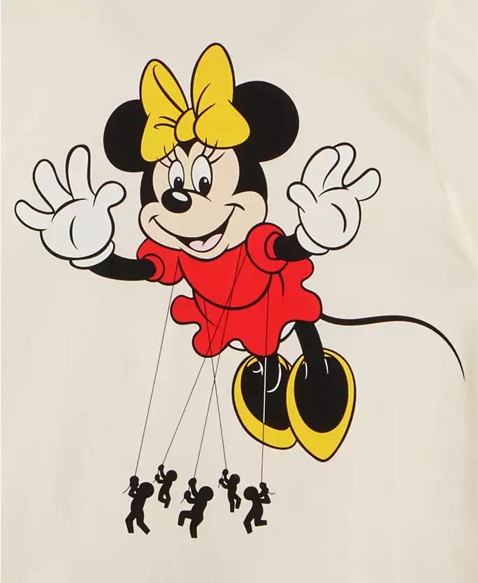 Minnie Mouse in a red dress, holiday 2025 style, puppet-mastering silhouettes—no castle visible to compare Disney parks.