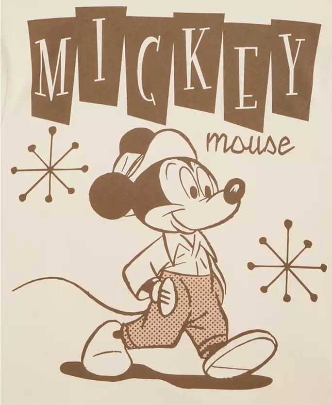 Vintage-style illustration of Mickey Mouse walking, Disney Holiday Collection, retro "MICKEY mouse" text above—no castle featured.
