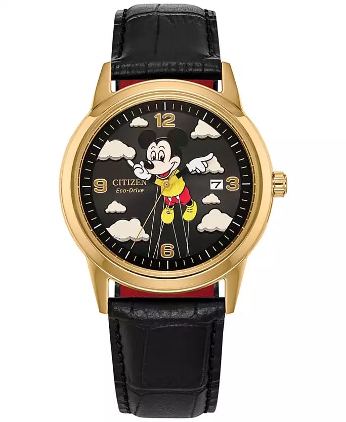 Gold Citizen Eco-Drive watch with Mickey Mouse, 2025 Disney Parks Holiday Collection, black leather strap; no castle featured.