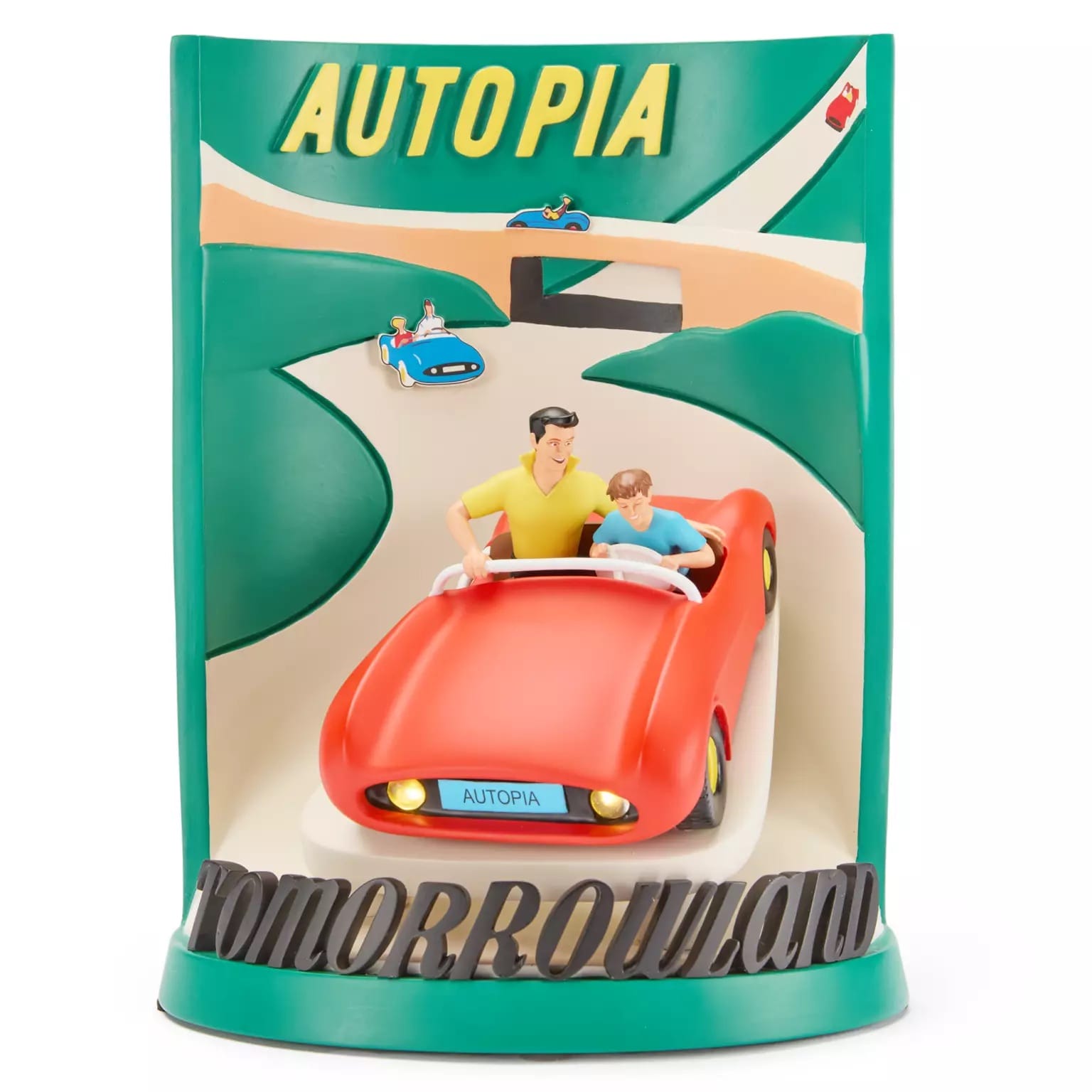 Vivid 3D Disney poster showing a man and child driving a red Autopia car through Tomorrowland—no castle pictured. Online only.
