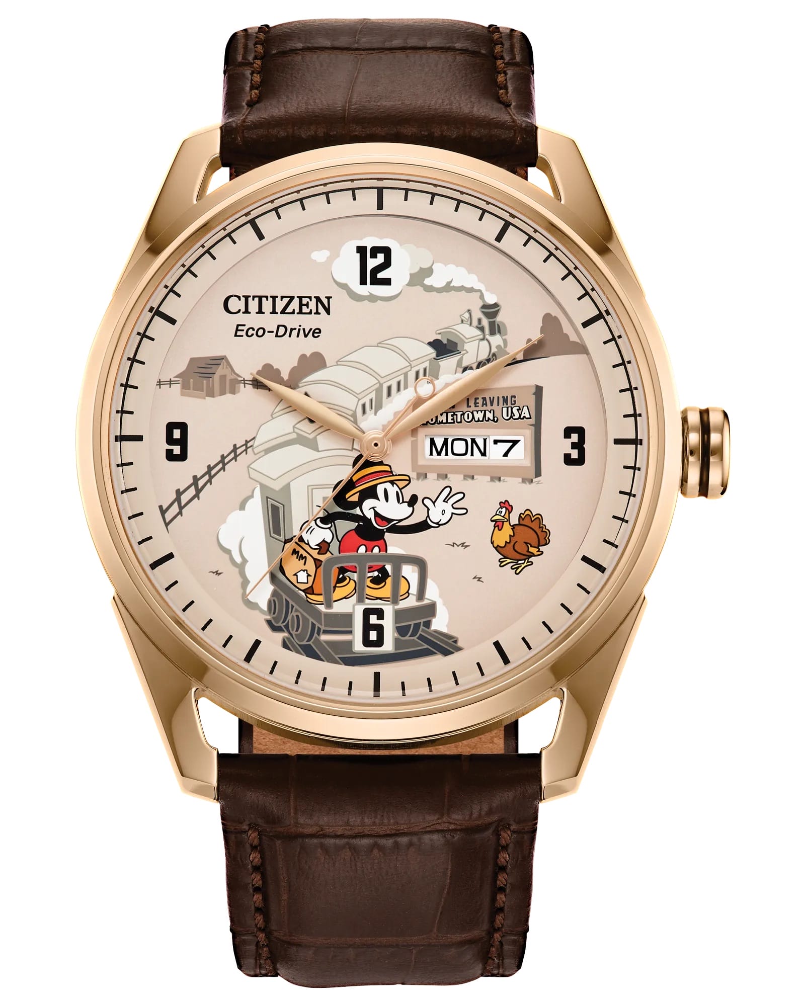 Gold Citizen Mickey Mouse Travel Watch featuring a train scene, brown leather band, day-date window at 3