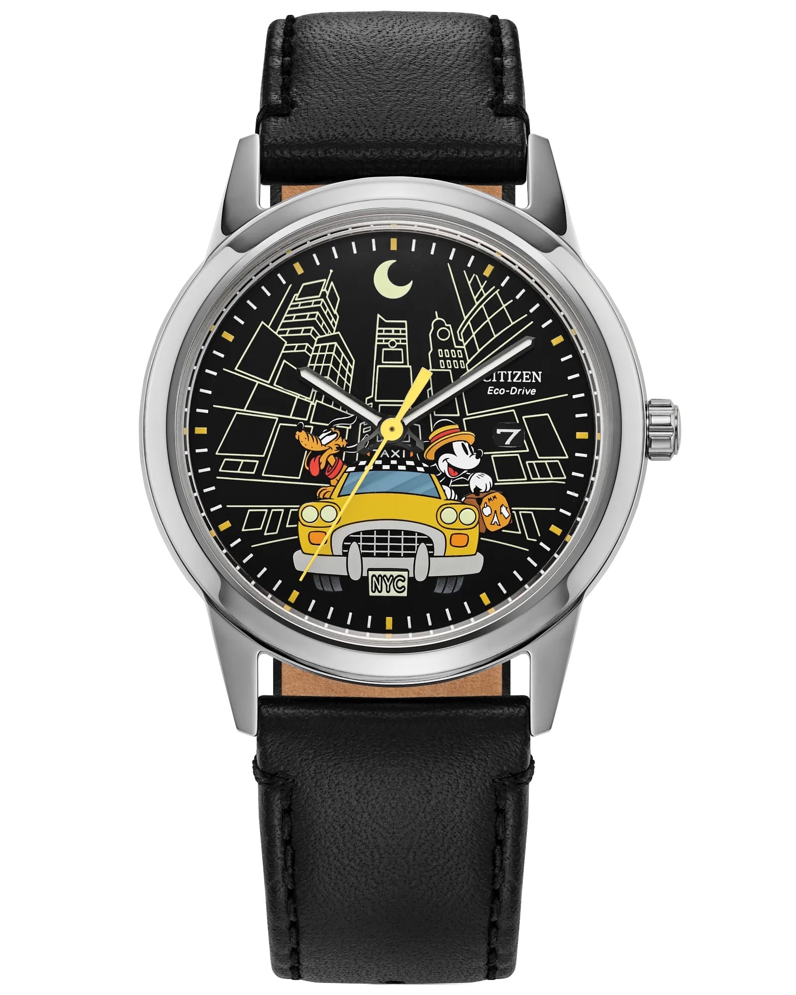 A Citizen travel watch with a black leather band, showing Goofy and Pluto in a NYC taxi, evoking Disney Park character fun.