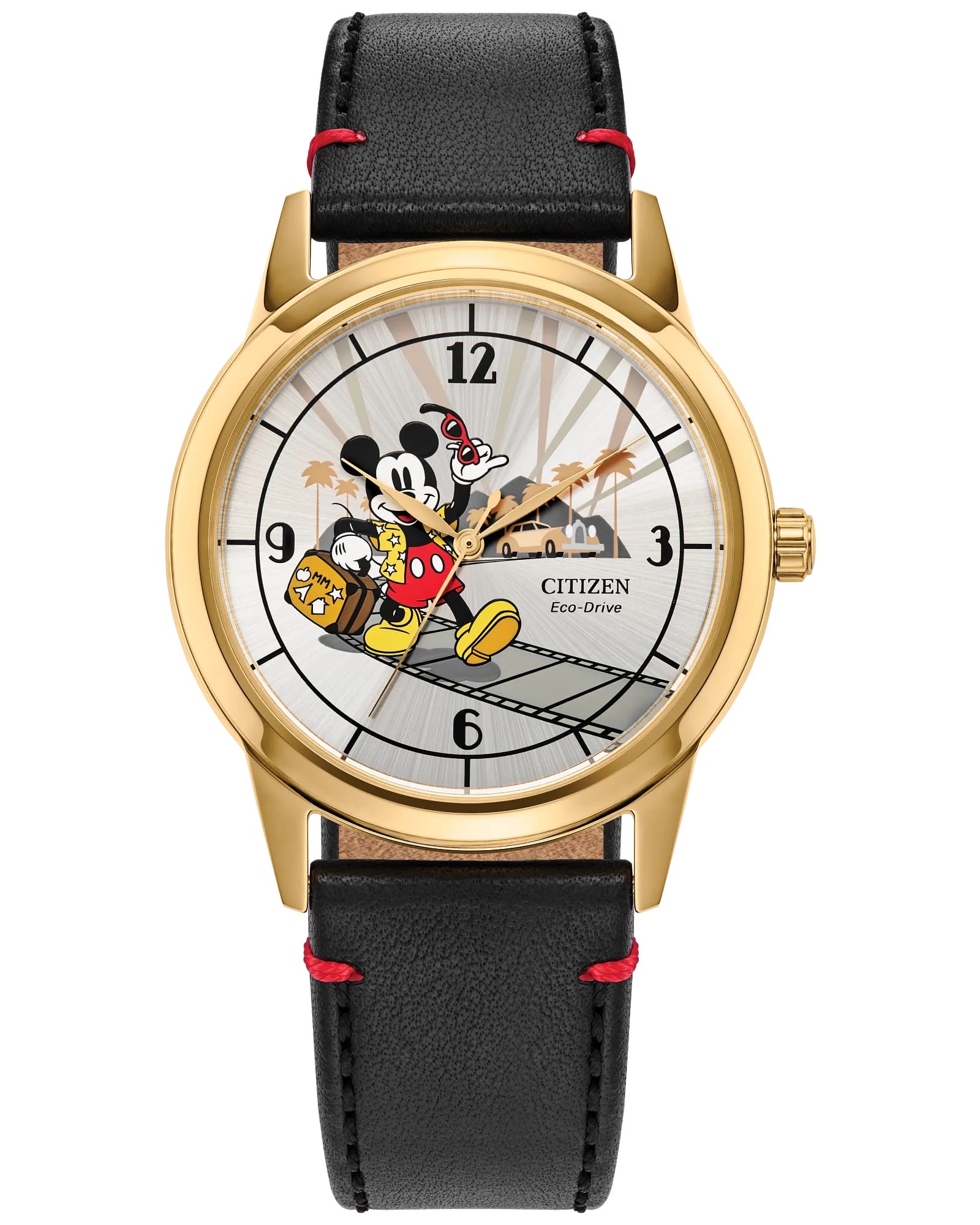 Citizen travel watch with black leather strap, featuring Mickey Mouse and palm trees