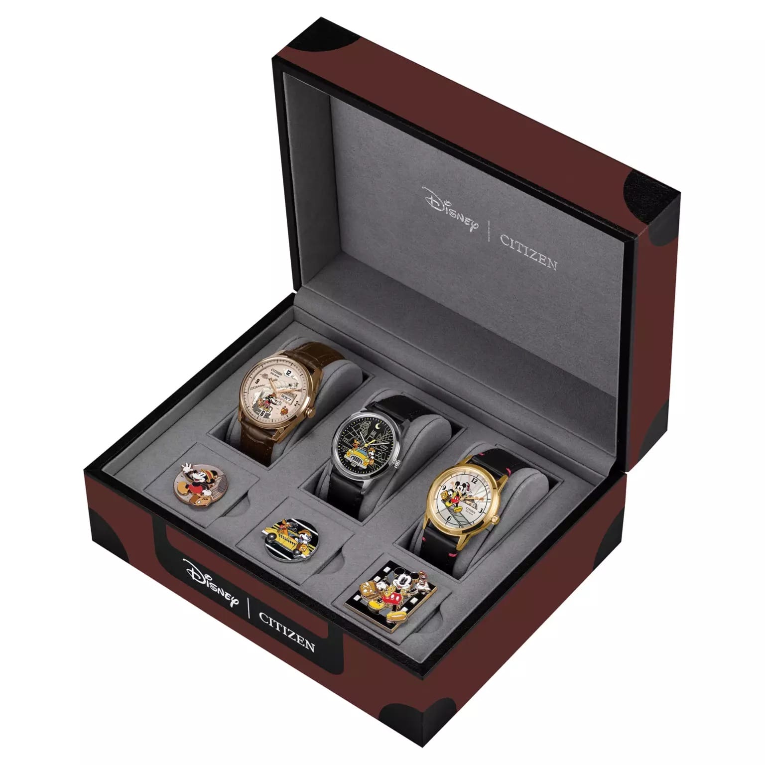 Box set of Citizen travel watches with Mickey Mouse designs, Disney Parks-style pins, in a collectible case