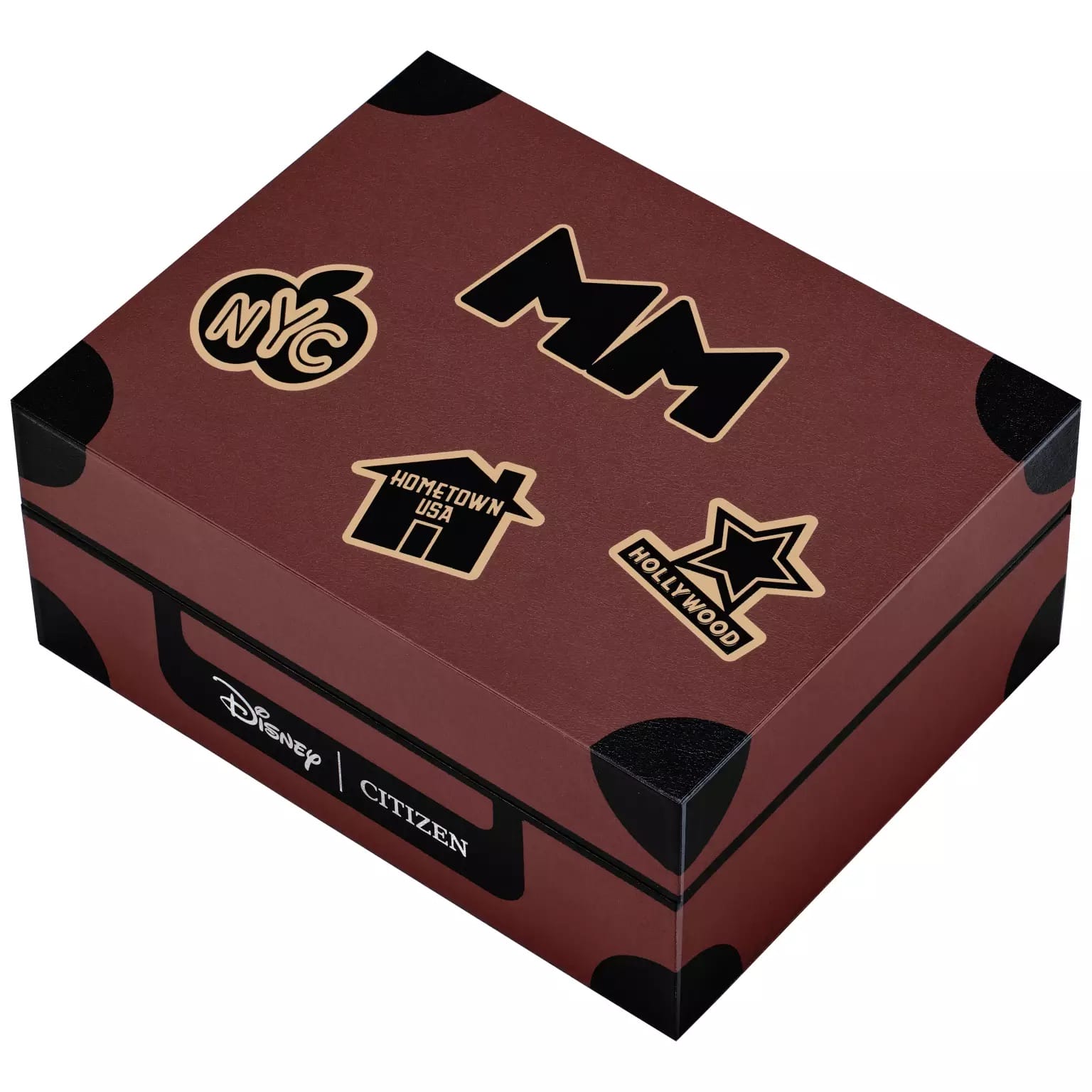 A brown Disney | Citizen box decorated with Mickey Mouse Travel Watch stickers, Available Online.