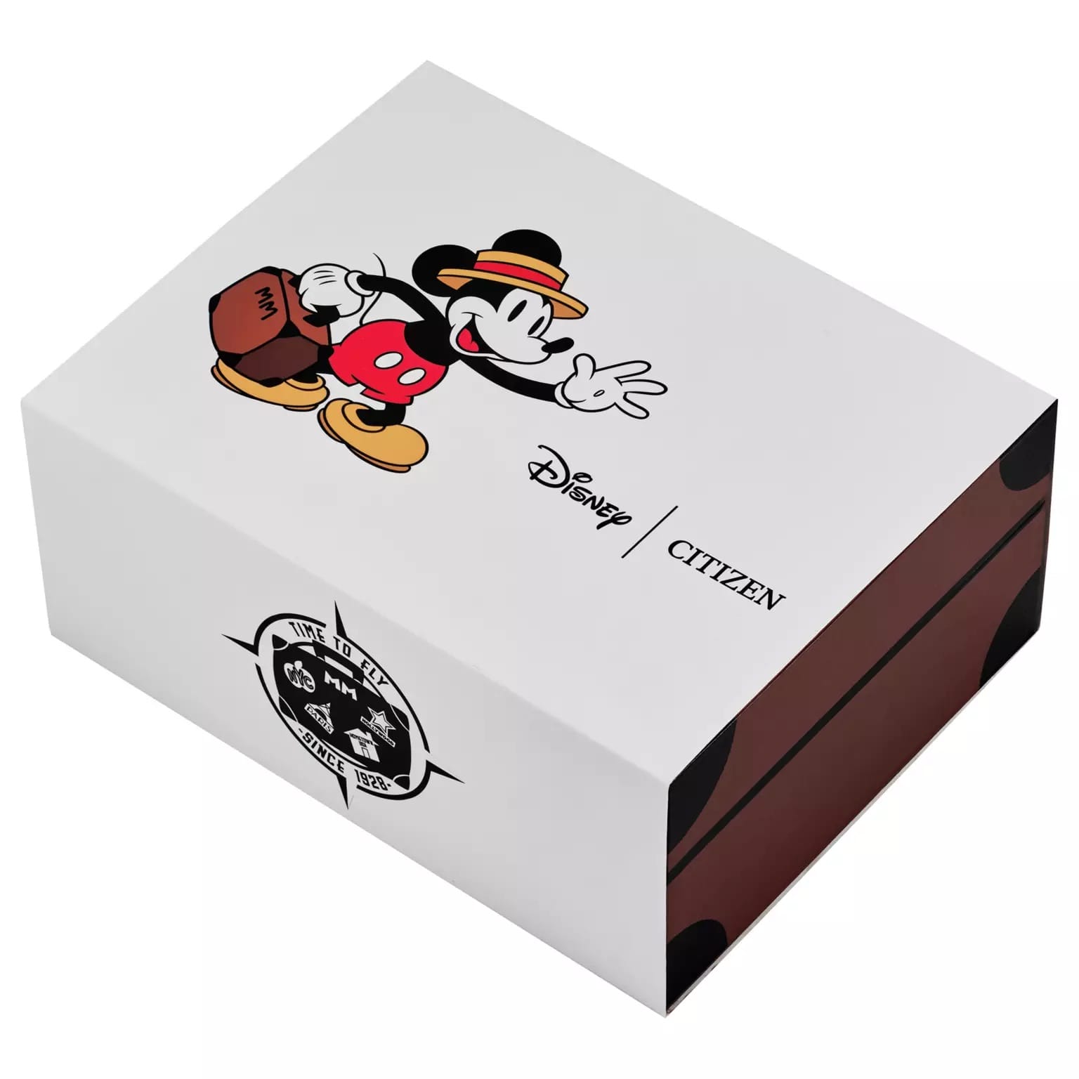 White box features classic Mickey Mouse art, Citizen logos, and compass—Mickey Mouse Travel Watch