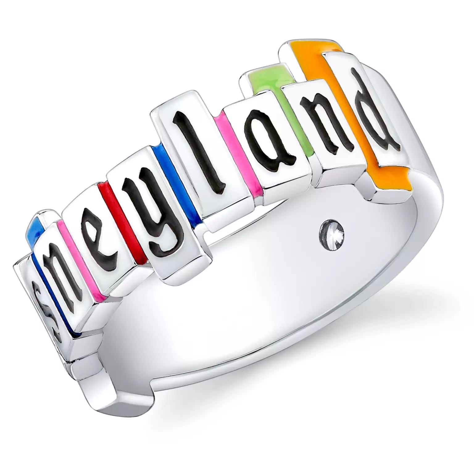 A silver CRISLU ring featuring colorful Disneyland blocks and a gemstone, inspired by Disneyland Park’s marquee, available online.
