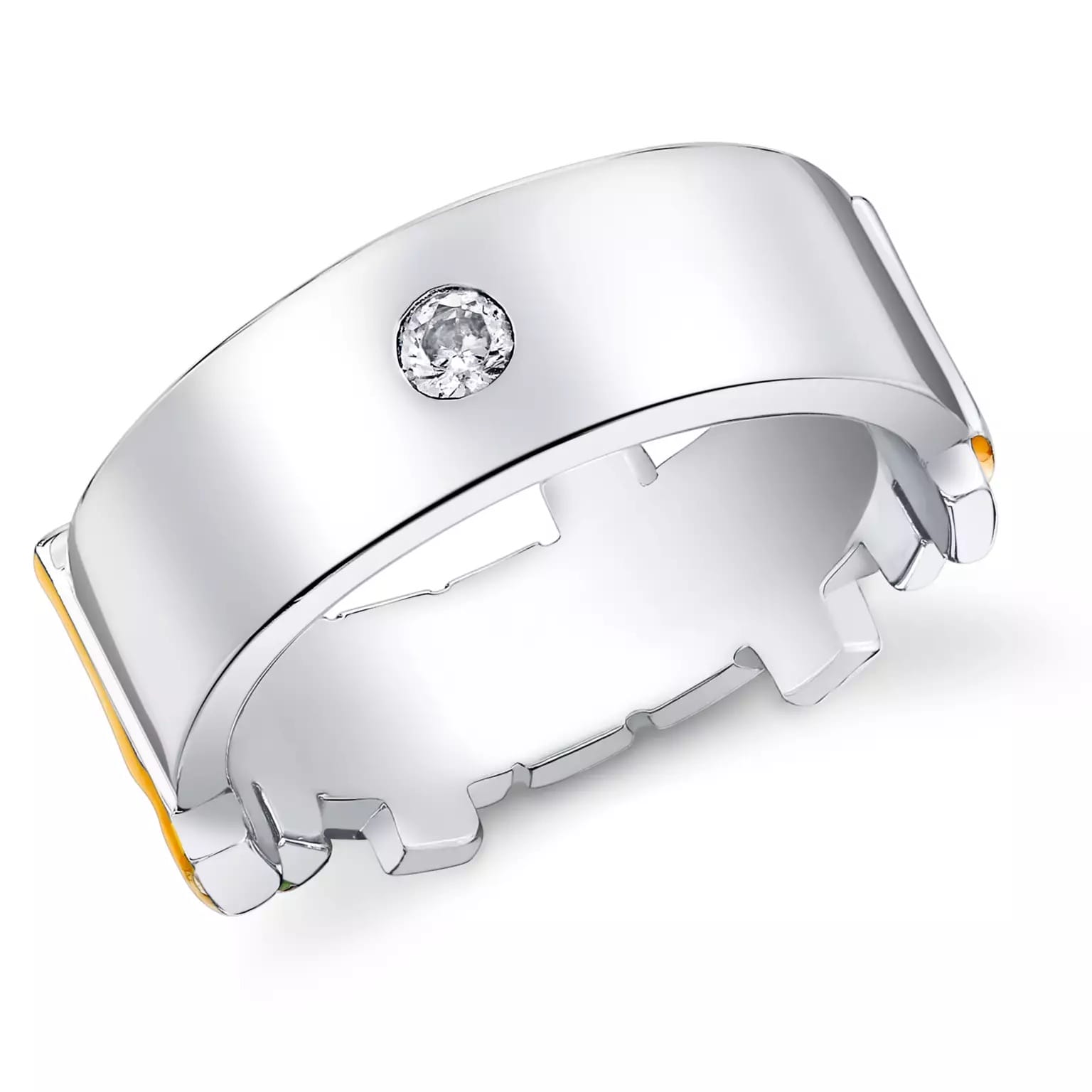 A wide silver Marquee Jewelry ring with geometric edges, gold accents, and a round diamond that sparkles like Cinderella Castle.