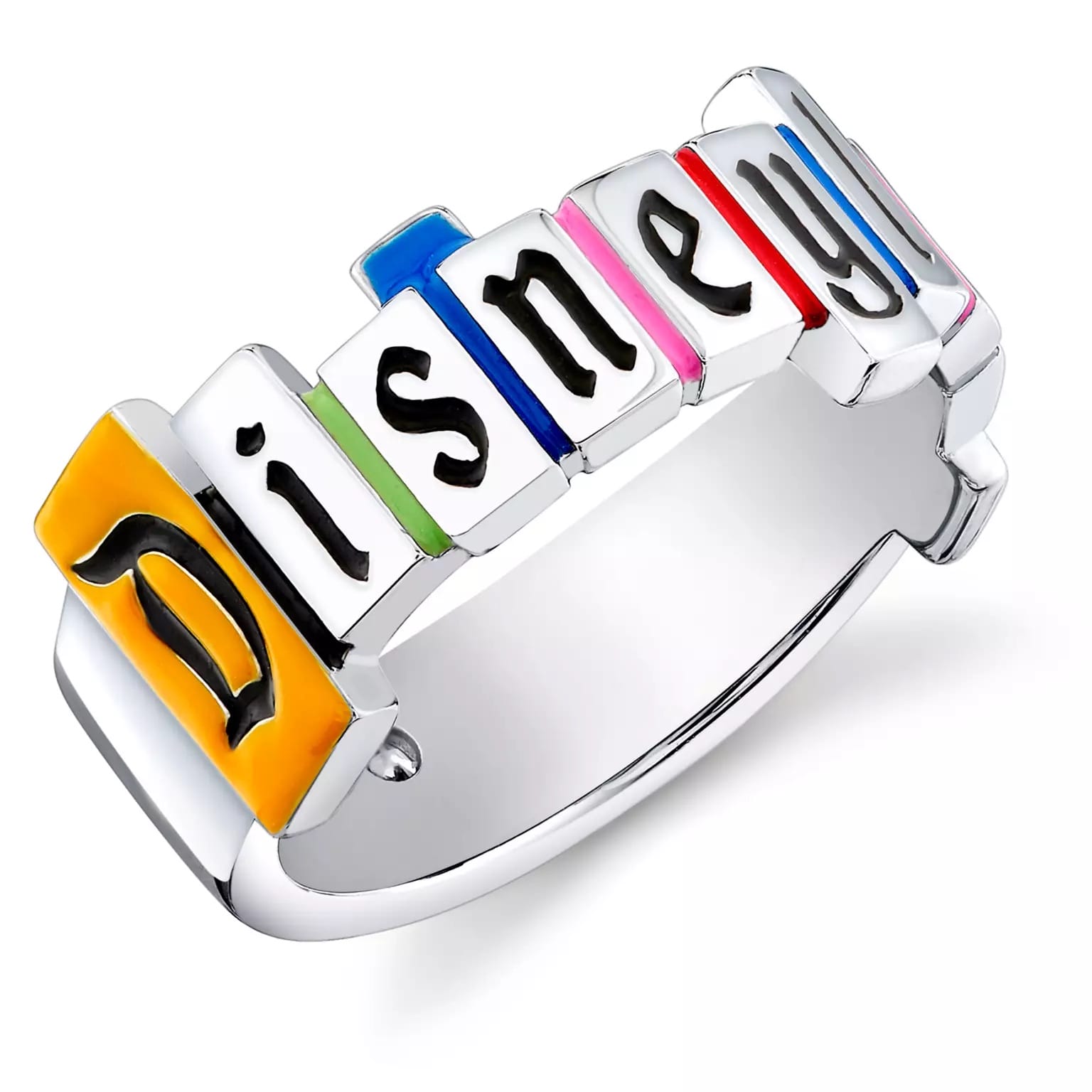 A silver CRISLU ring featuring colorful enamel blocks that spell "Disney" in black, reminiscent of Main Street’s playful vibes.