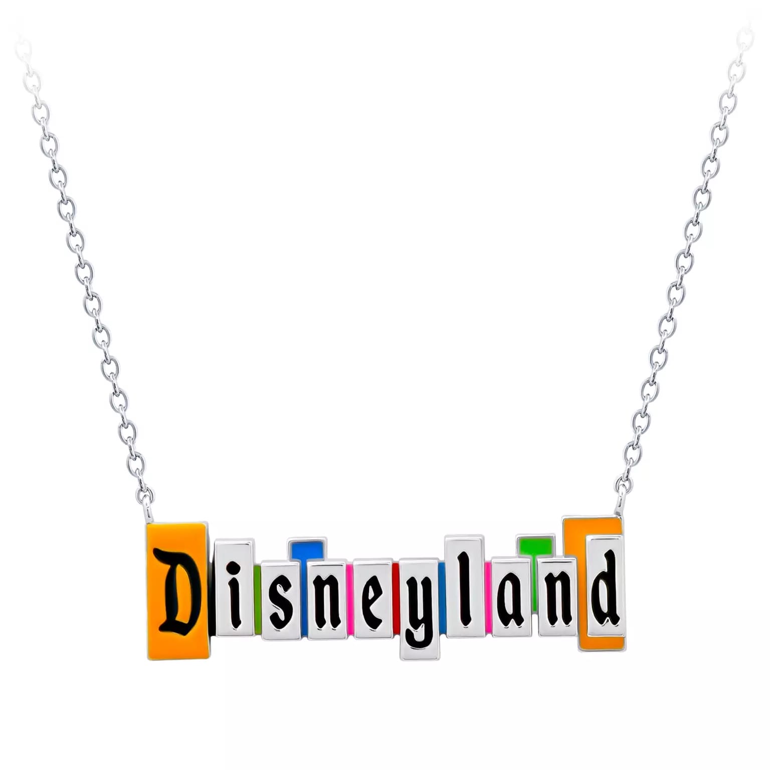 A Disneyland Marquee Jewelry necklace by CRISLU with colorful block letters on a silver chain, inspired by Disneyland Resort.