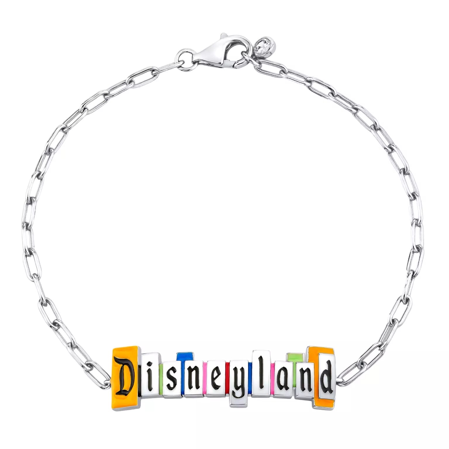 A silver CRISLU chain bracelet with multicolored letter charms spelling "Disneyland," reminiscent of the fun parks worldwide.
