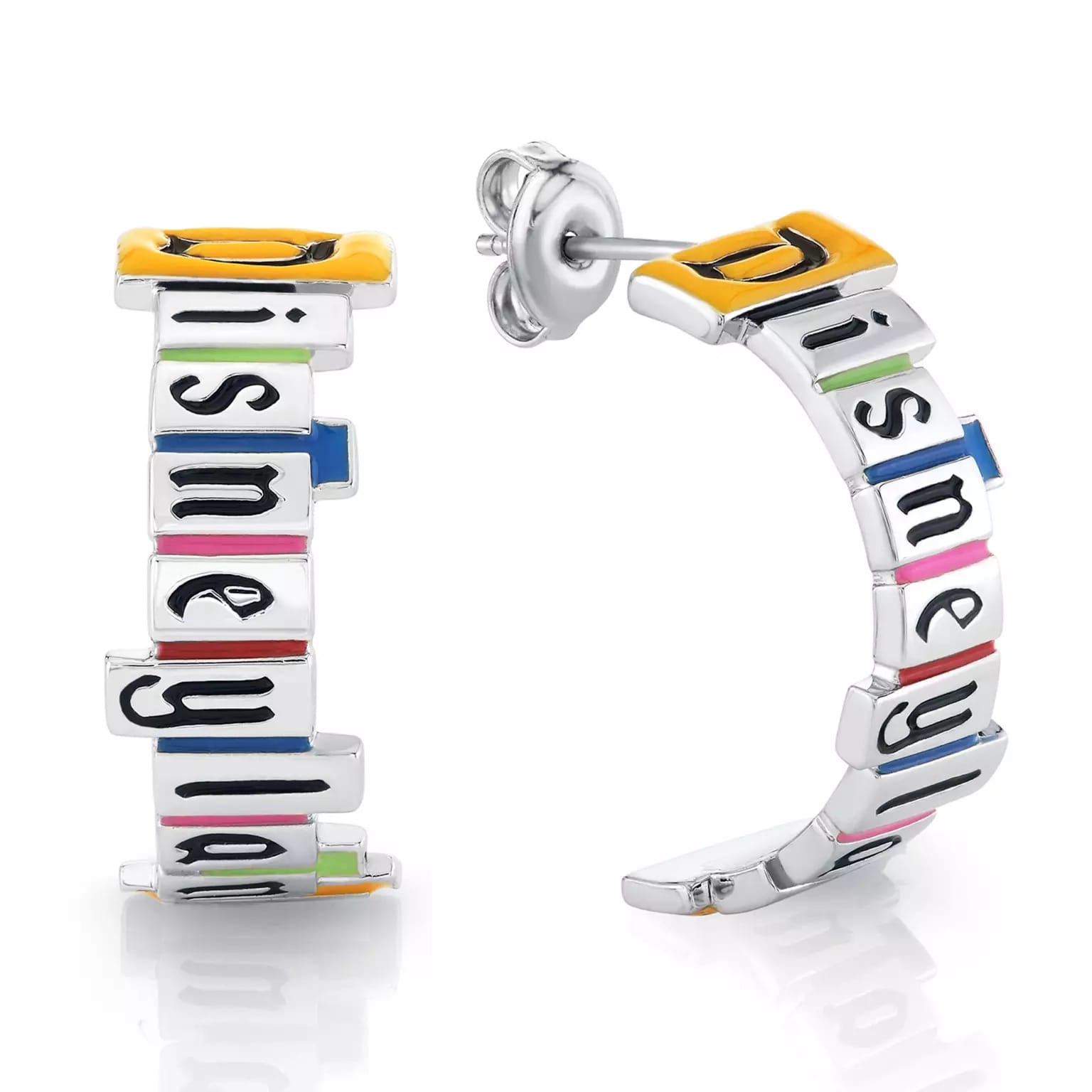 CRISLU silver hoop earrings spell "Disneyland" in colorful accents, exclusive to Disneyland Marquee Jewelry—park-inspired sparkle.