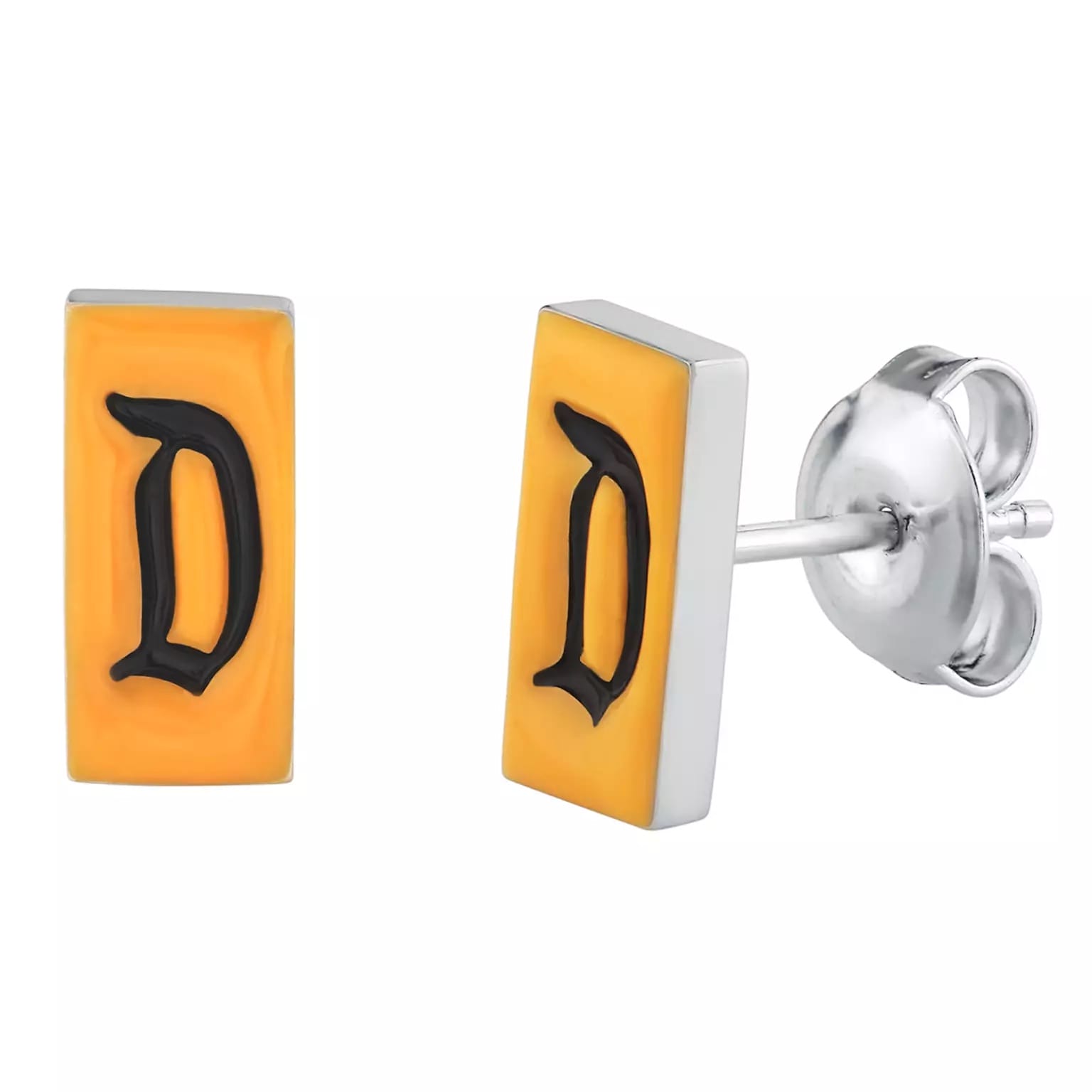 Rectangular yellow stud earrings with a black “D,” evoking Disneyland’s classic font, with silver posts and butterfly backs.