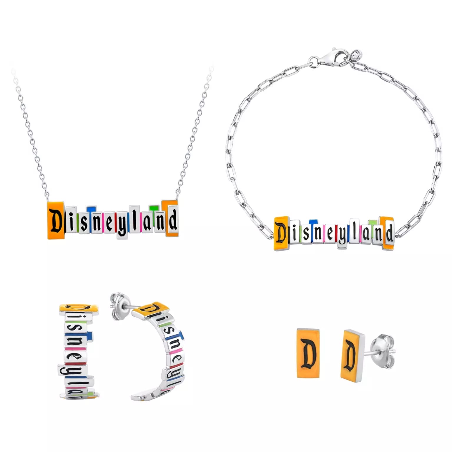 CRISLU jewelry spells “Disneyland” in colorful blocks, plus yellow “D” earrings—evoking the classic Disneyland park magic.