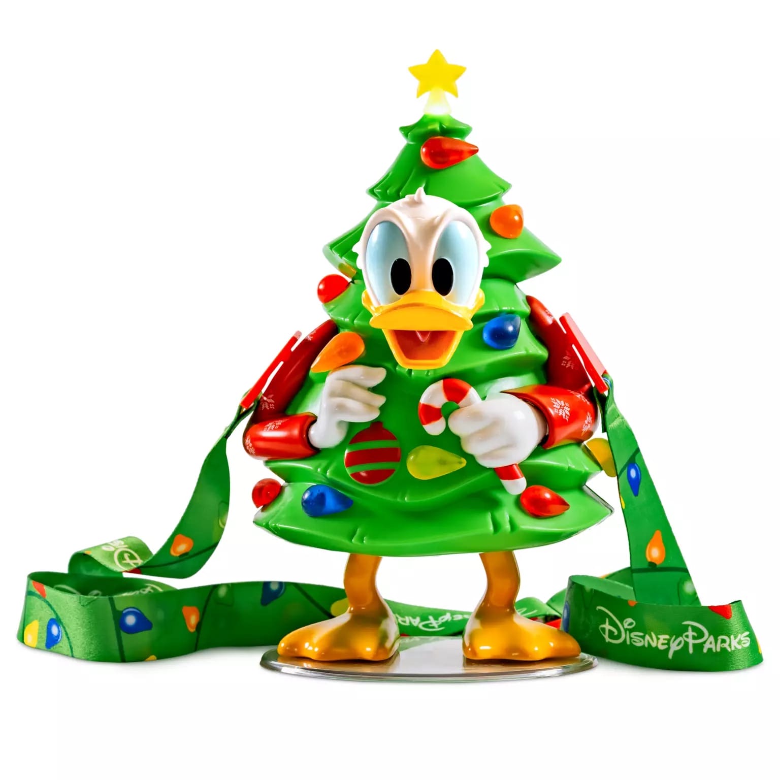 Donald Duck as a Holiday Tree Sipper, wearing a green Disney Parks lanyard and colorful lights, no castle like those at Disney parks.
