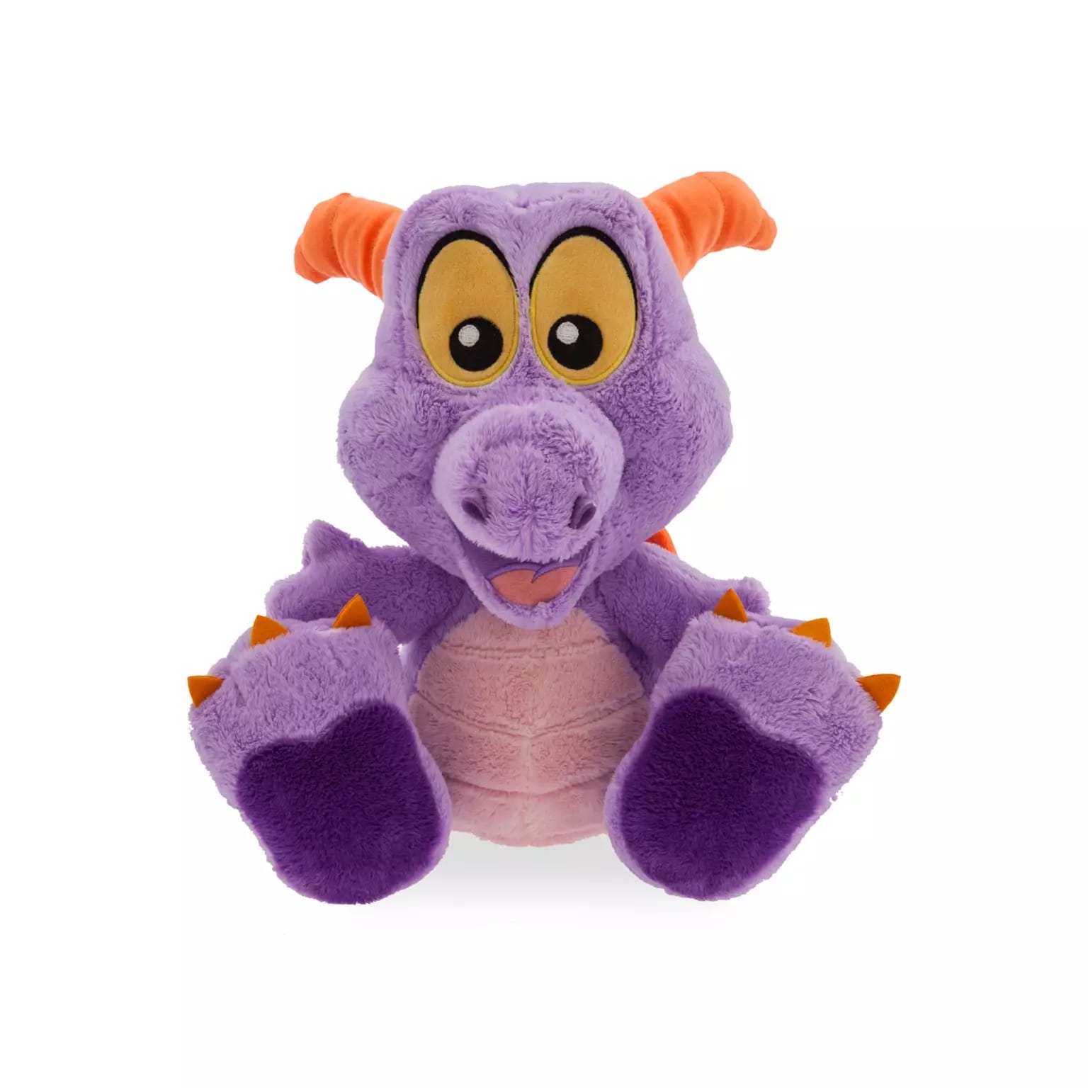 Plush purple dragon with big yellow eyes, orange horns and claws, resembling a Disney Park Big Feet plush, Figment at Epcot.