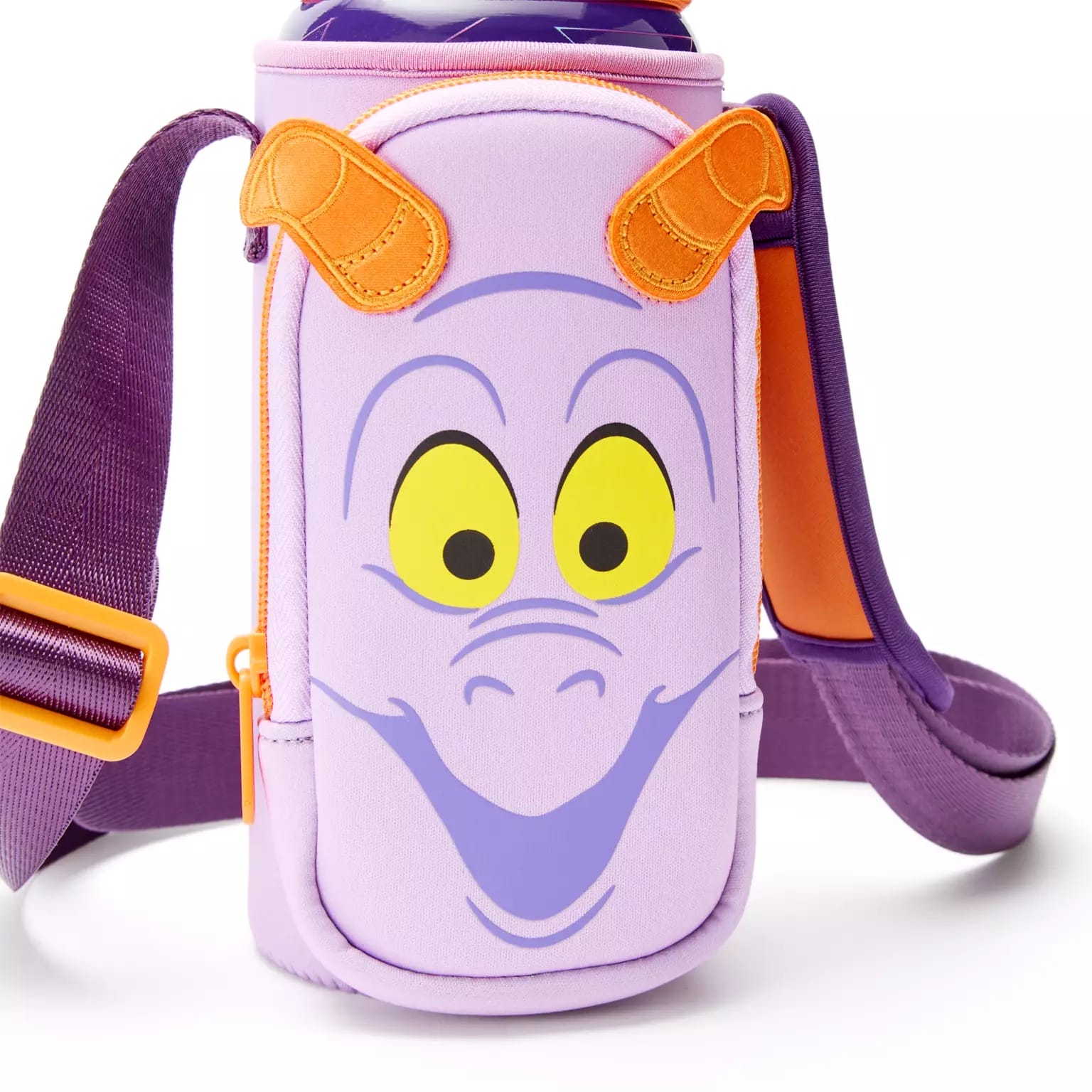 Purple Figment Water Bottle holder from Disney parks—features a cartoon dragon face, orange horns, and a classic purple strap.