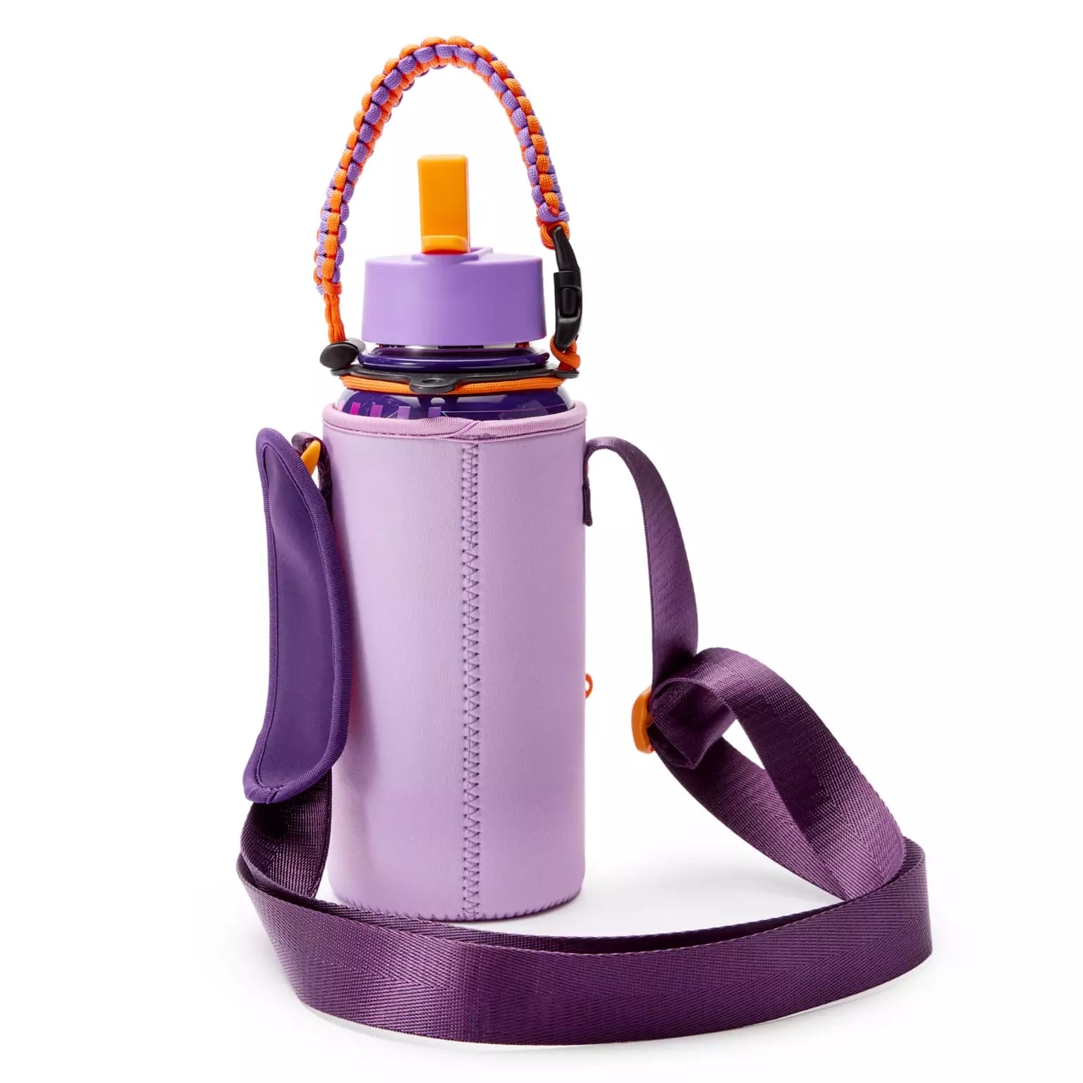 Stay hydrated at Disney parks with this Figment water bottle—purple, orange accents, handle, strap, and holder inspired by Epcot.
