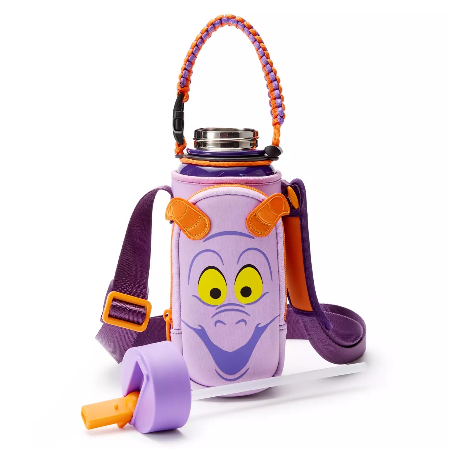 A Figment water bottle holder from a Disney park, featuring a grinning cartoon face, orange-yellow accents, and purple strap.