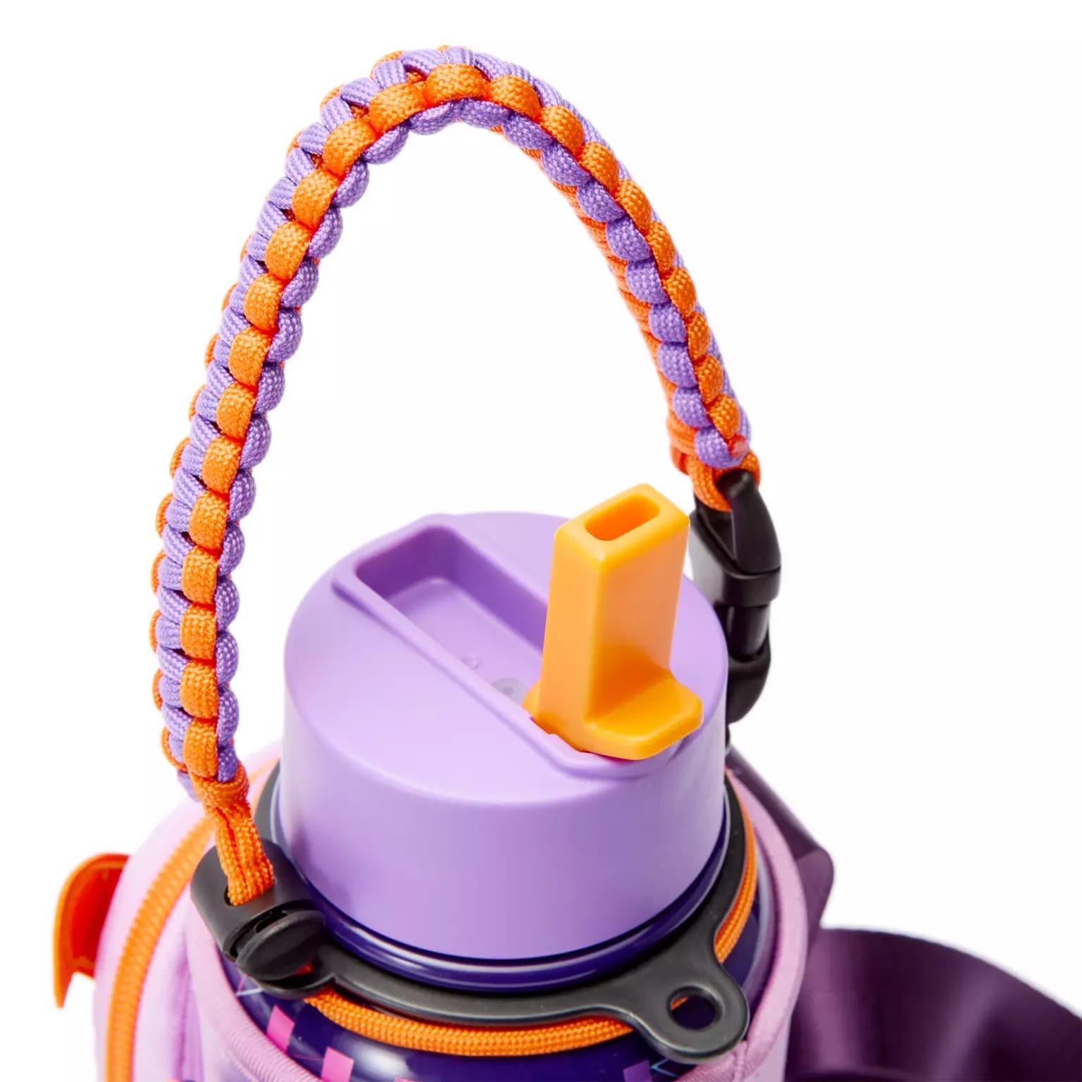 Close-up of a Figment Water Bottle from a Disney park, with an orange and purple braided handle and a yellow flip-up straw.