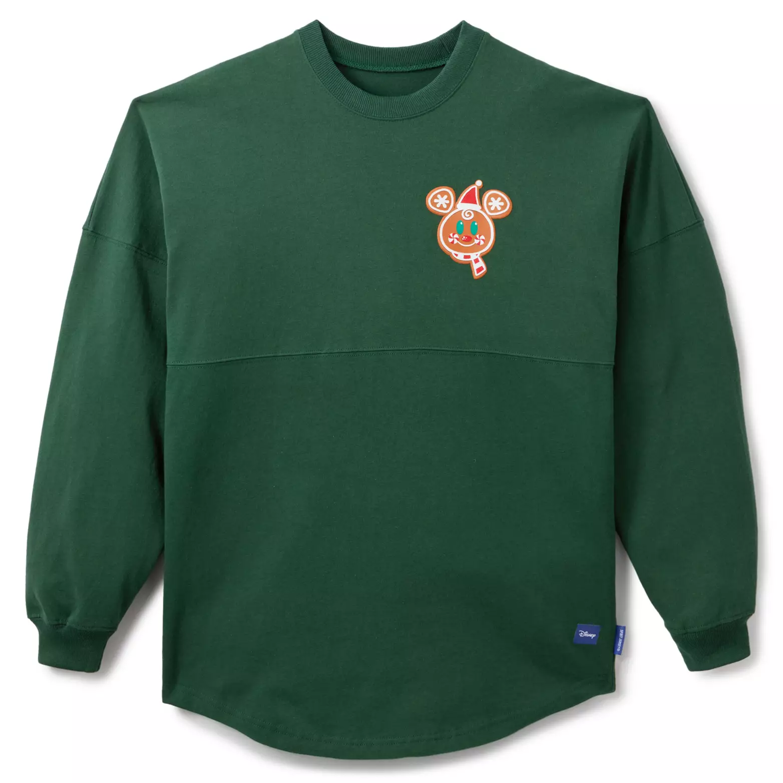 Dark green long-sleeve shirt with an orange and white Mickey-shaped gingerbread cookie graphic, similar to Disney Parks holiday merch.