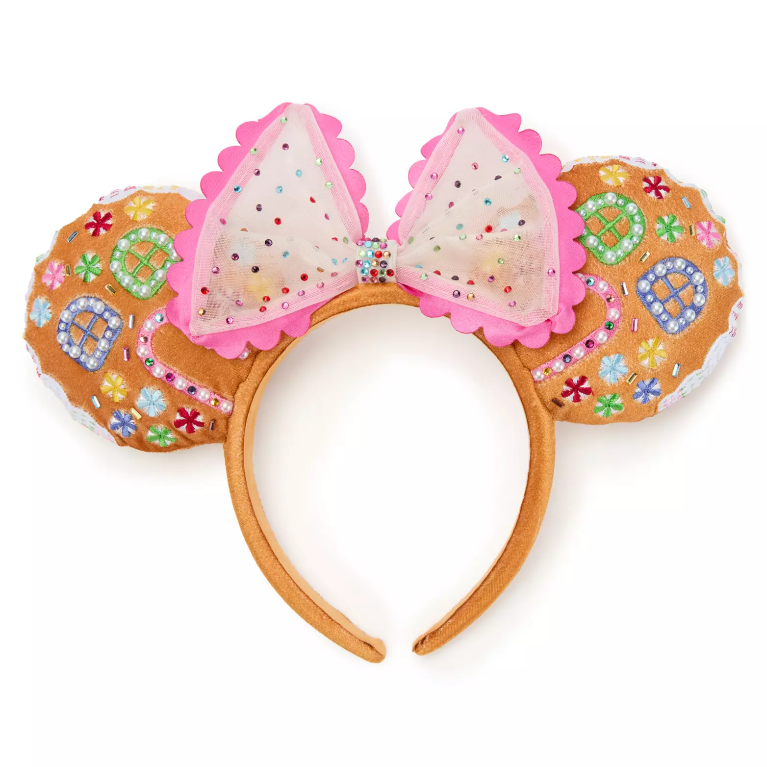 Festive brown headband with gingerbread-inspired Mickey ears, colorful icing, sequins, and a pink bow—resembles Disney park treats.