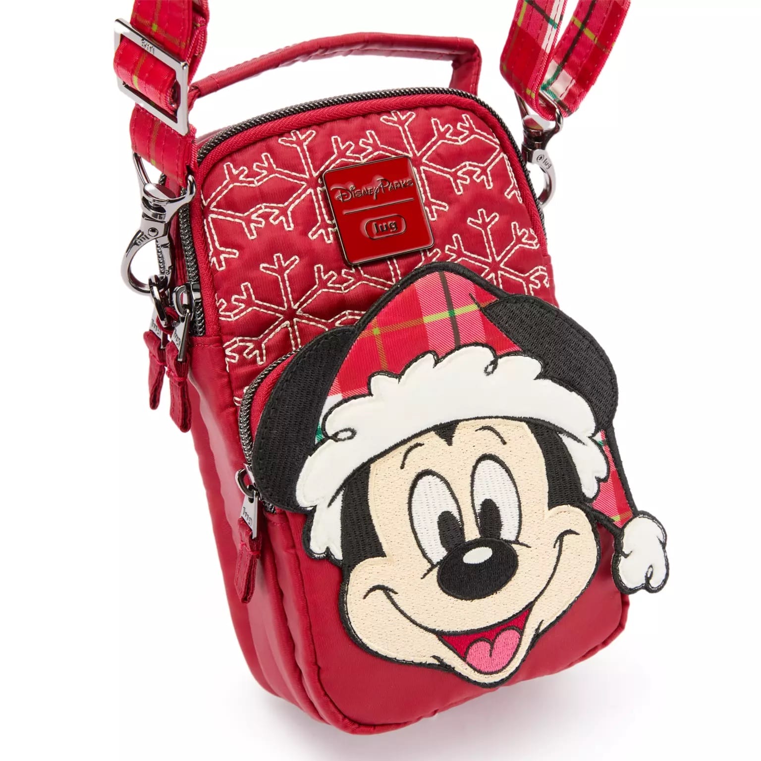 Red Toy Story crossbody bag with white snowflakes and Mickey in a Santa hat and plaid, perfect for Disneyland or Magic Kingdom style.