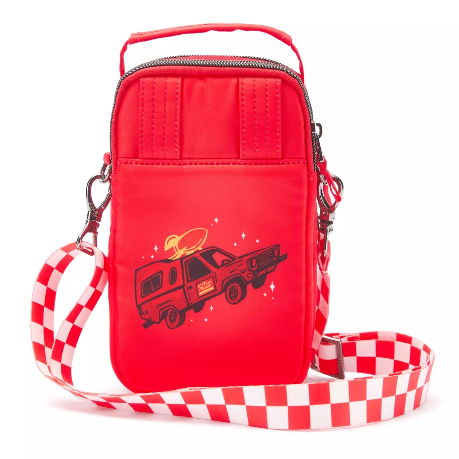 Small red crossbody bag with checkered strap, featuring Pizza Planet van and blimp art, perfect for a day at Disney Parks.